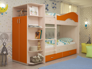 Кровать 2-х ярусная Мая с ящиками и шкафом на латофлексах оранж